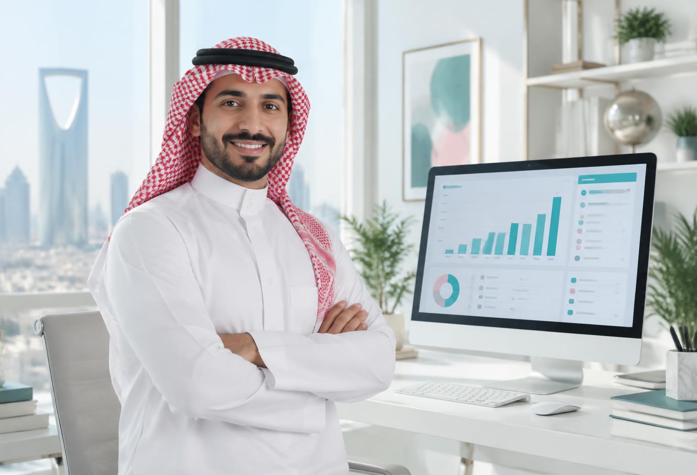 صورة توضيحية لمحاسب سعودي بجانب شاشة تقارير مالية